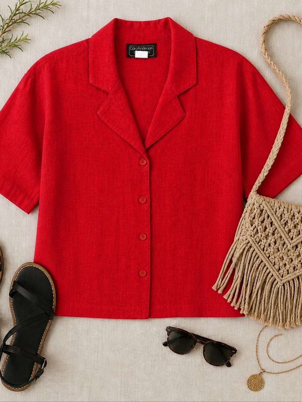 Vintage CAROL ANDERSON 100% Linen Boxy Button Down Shirt 90s Red XL Made in USA